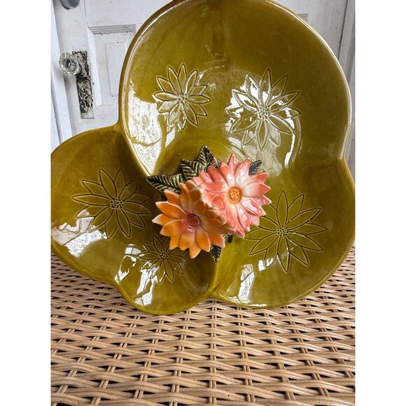 Vintage Mid-Century Modern California Pottery Green Floral Divided Serving Dish - Picture 2 of 11